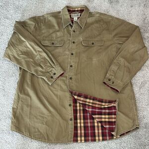 Tan khaki L L Bean Lined Cotton winter shirt jacket tartan plaid lining Tall 2XL